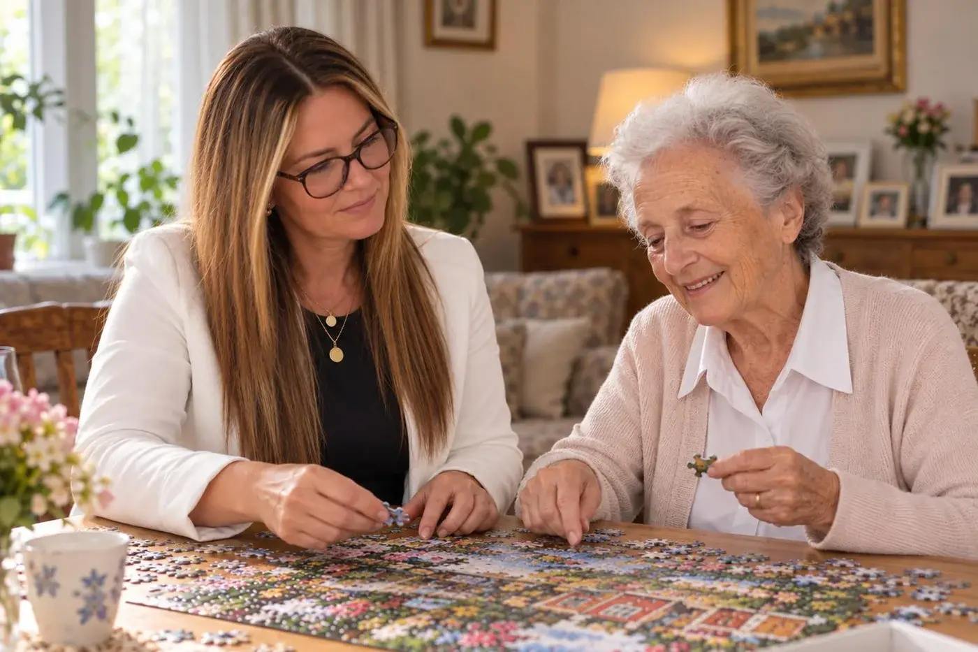 Gemeinsames Puzzeln am Tisch