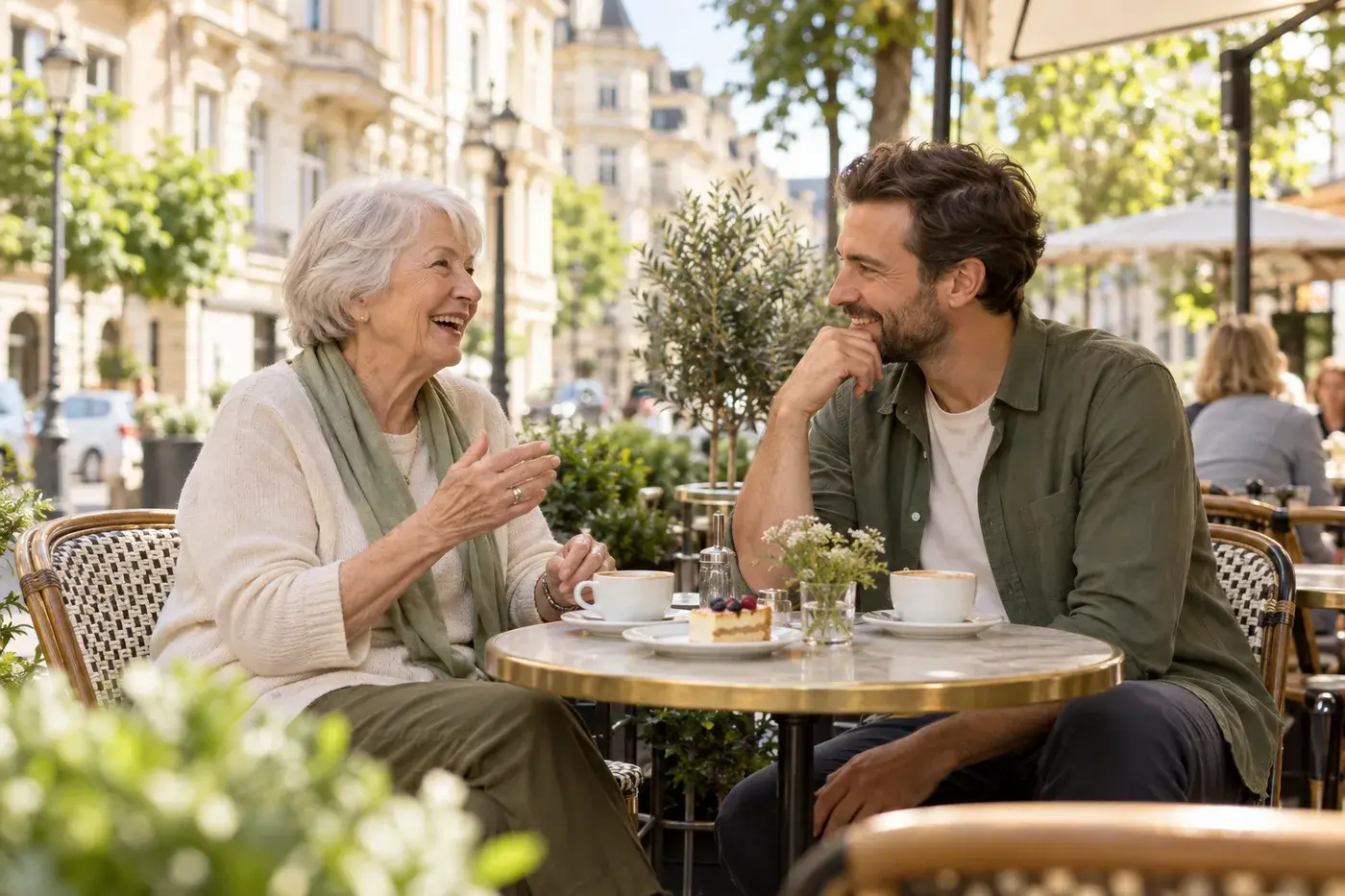 Seniorin und Begleiter im Gespräch bei Kaffee und Kuchen (Symbolbild)
